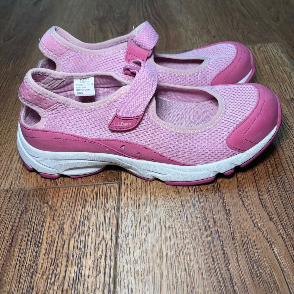 LL Bean Pink Mesh Mary Jane Slip On Sneaker Flats Hook Loop Strap Womens 8